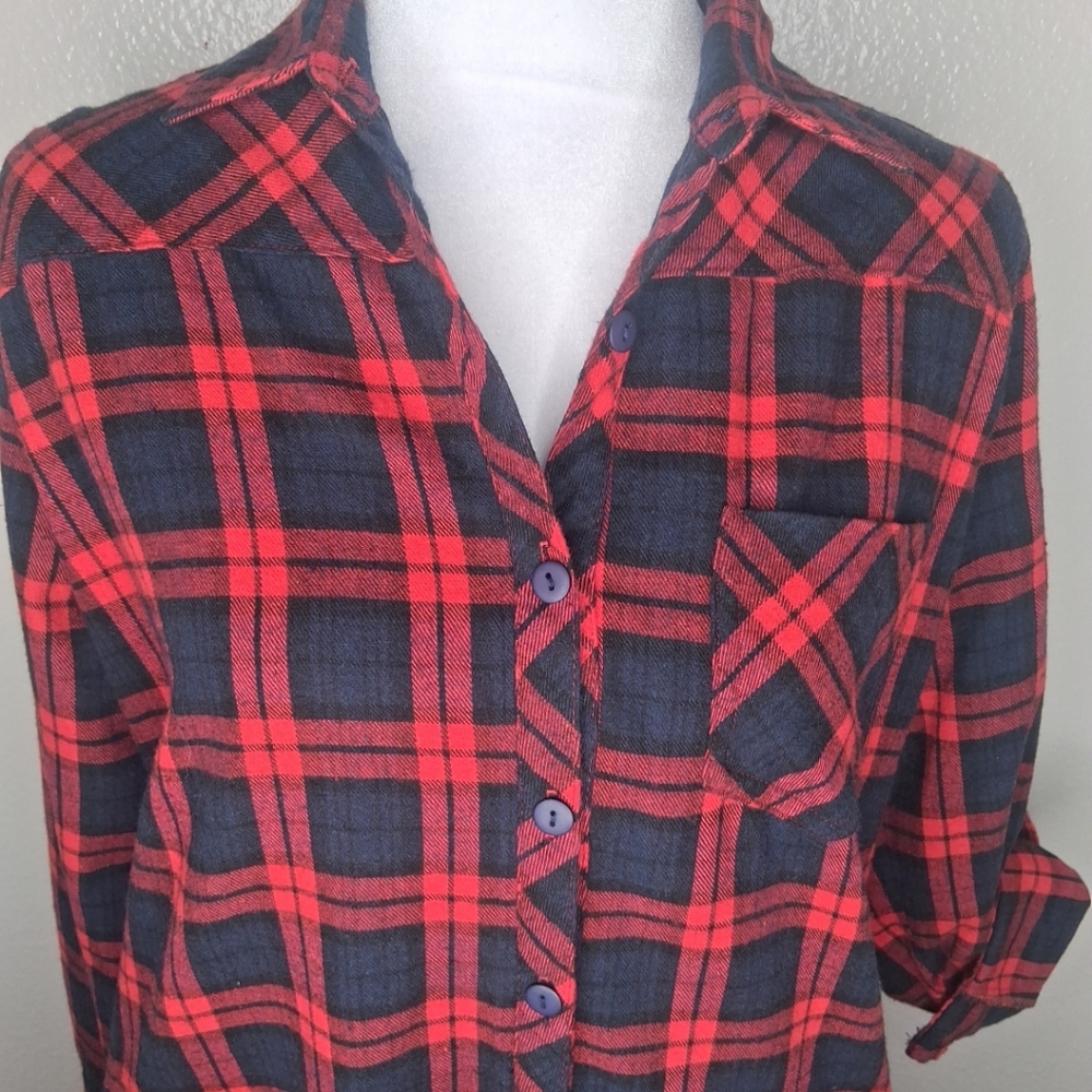 Jade Red Black Navy Plaid Flannel Dress Button Front Roll Tab Sleeve Small - Picture 9 of 14